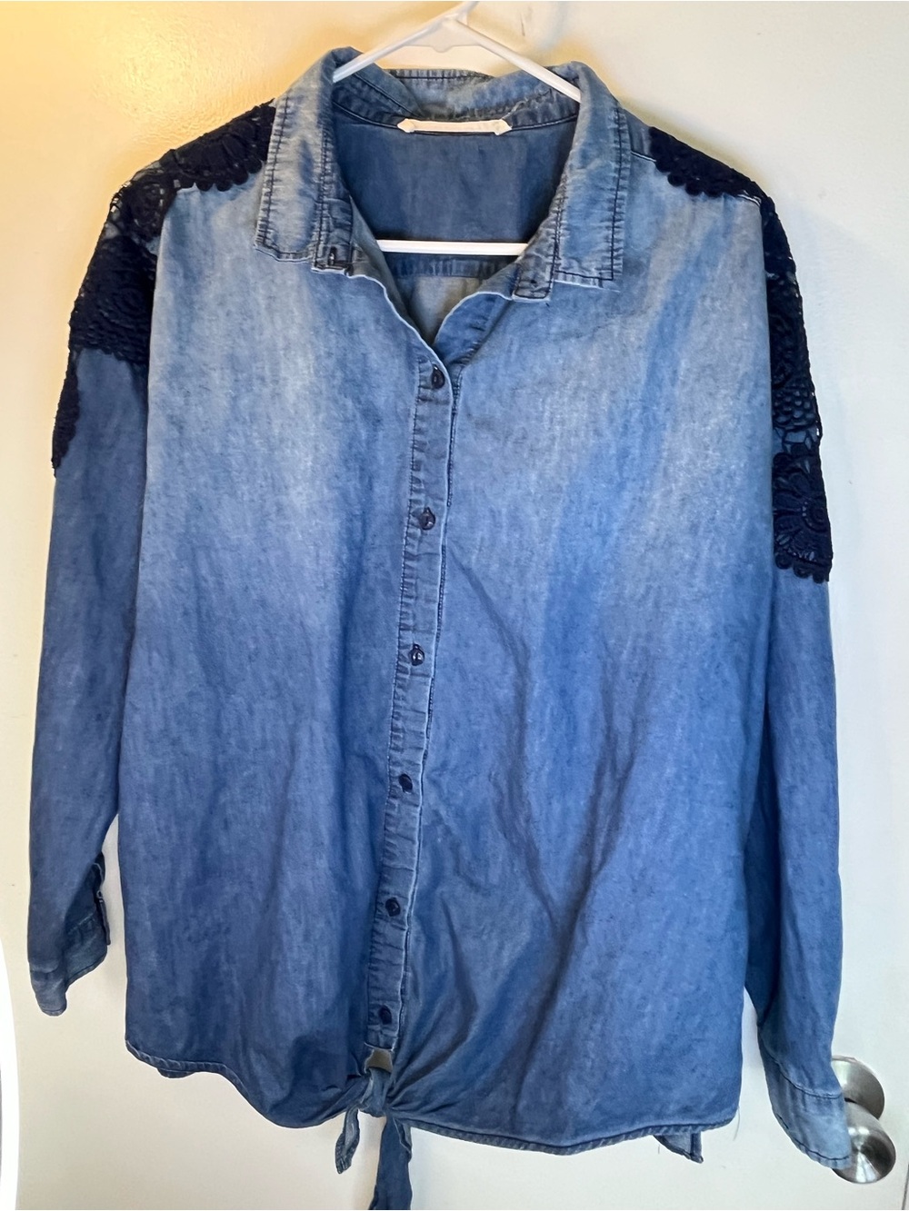 hippie laundry Blue Denim Button-Down Shirt with Black Lace Shoulders